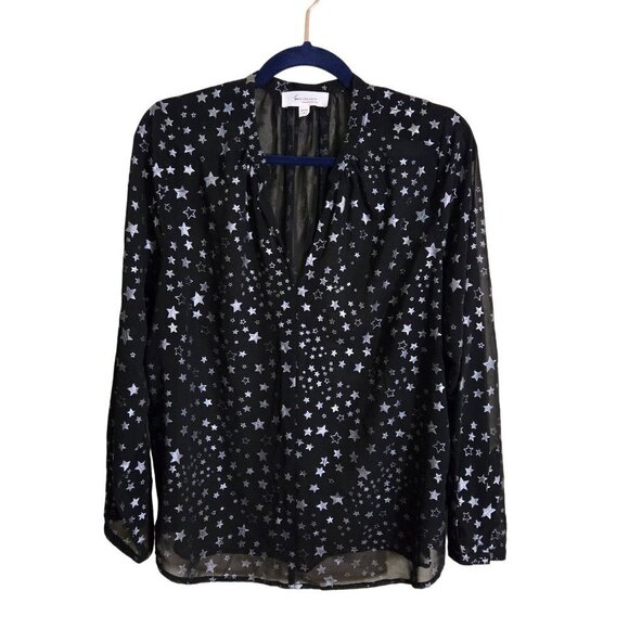 Vince Camuto Sheer Black Silver Star Print V Neck Blouse Size S - Picture 1 of 5